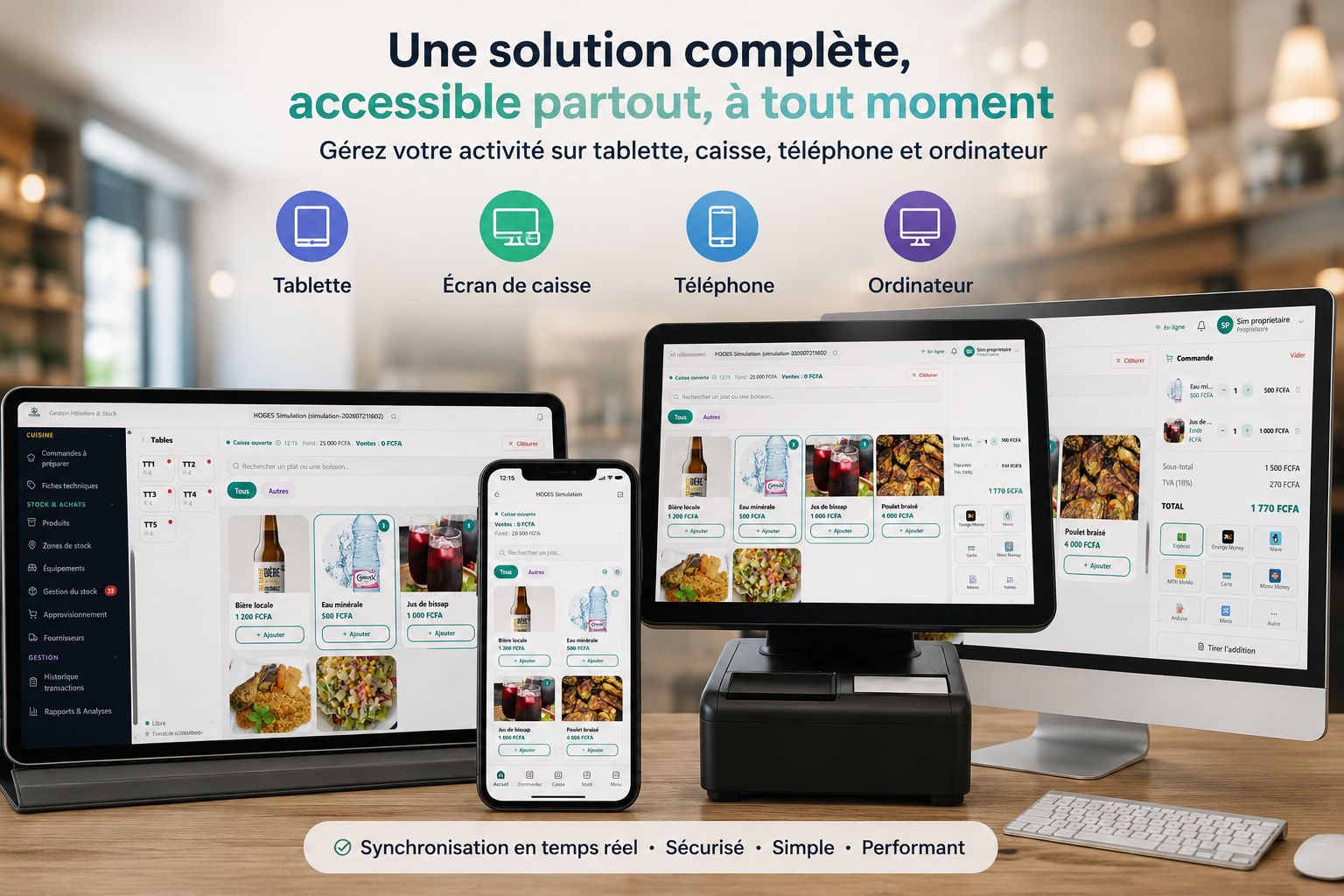 HOGERIX en action sur tablette, écran de caisse, téléphone et ordinateur, avec synchronisation en temps réel
